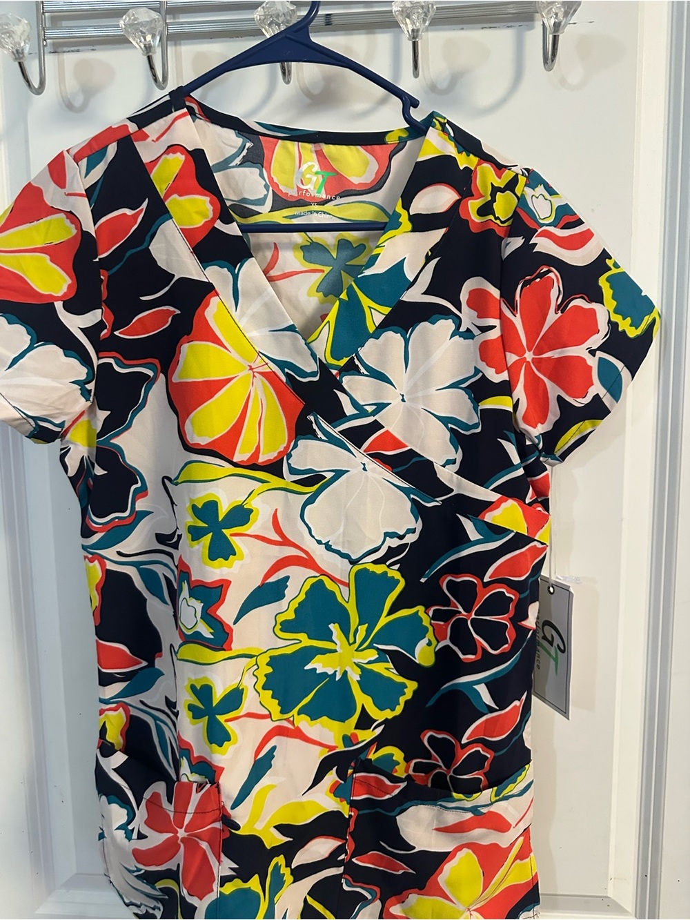 Bright Floral Wrap-Front Women’s Top - Multicolor scrub top